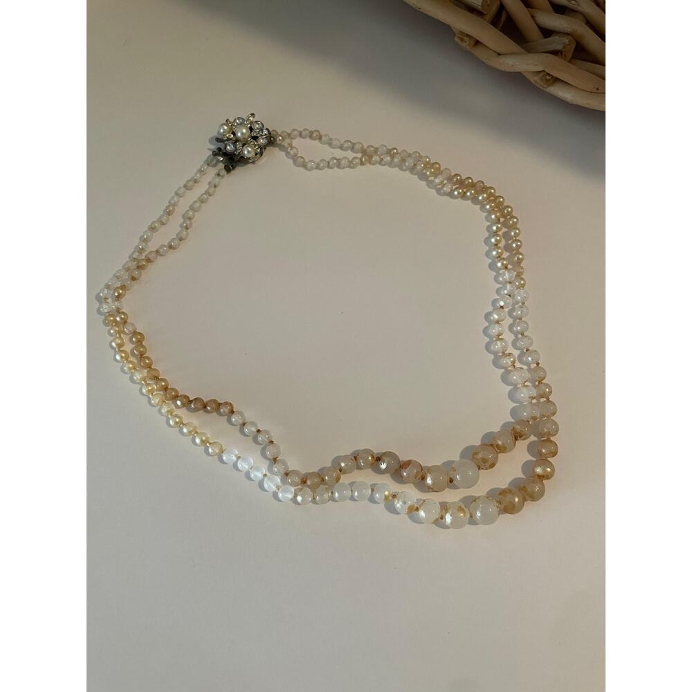 Vintage Double Strand Pearl & Art Glass Necklace | Ornate Floral Clasp - Picture 3 of 6